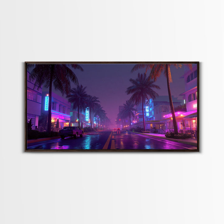 Night City Street Scene With Neon Lights And Palm Trees, Framed Canvas Print For Retro Wall Art And Miami Home Decor