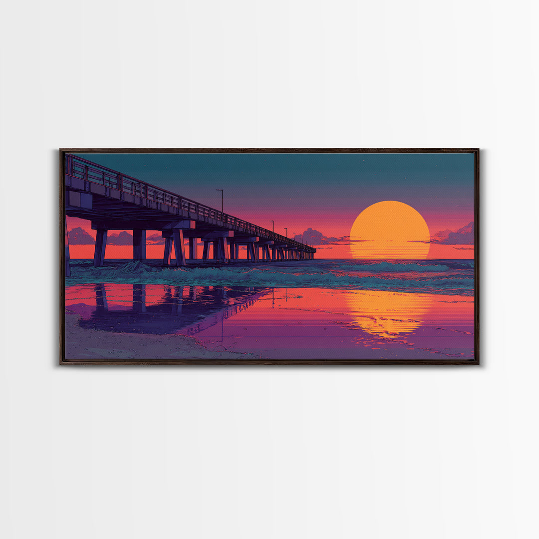 Sunset Pier Over Calm Ocean Waves Vibrant Pink Purple Beach Scene Wall Art Framed Canvas Print Coastal Home Decor