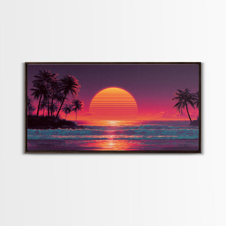 Vibrant Retro Sunset Tropical Beach Scene Digital Art Print Wall Art Framed Canvas Print Coastal Home Decor