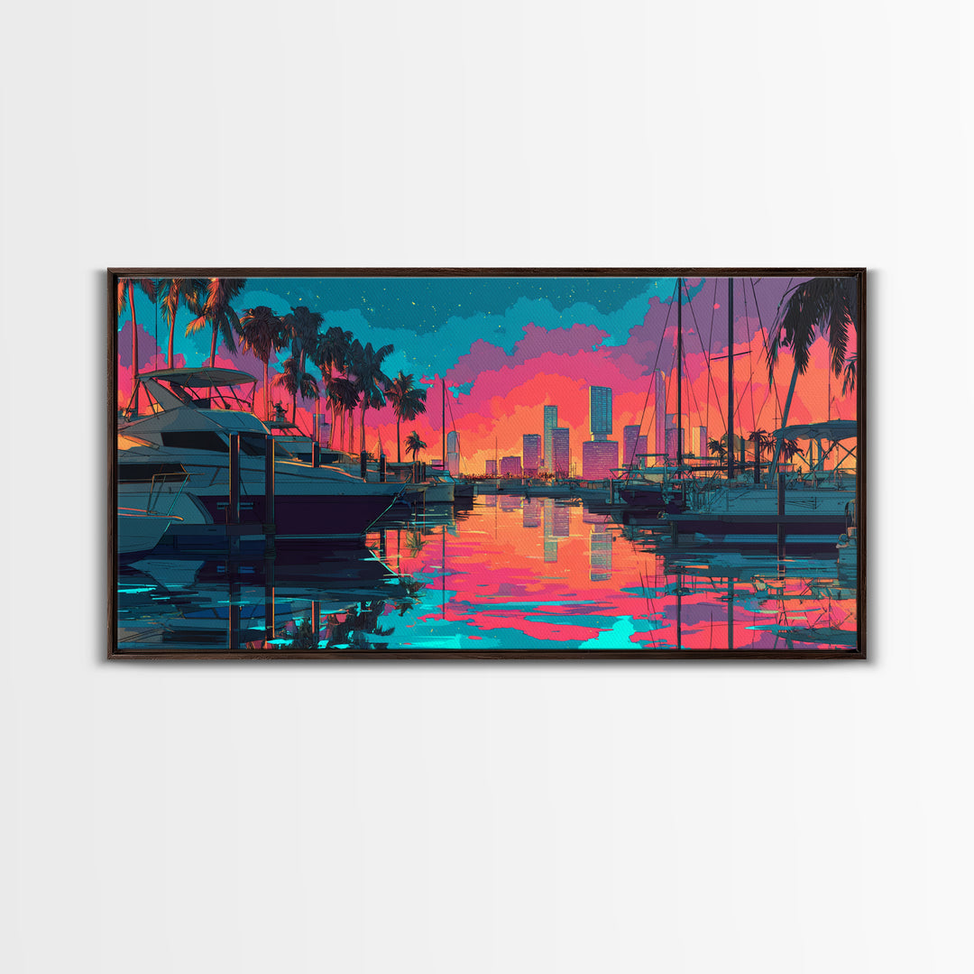 Colorful Harbor Scene With Boats Palm Trees And Sunset Sky Vibrant Contemporary Wall Art Canvas Print