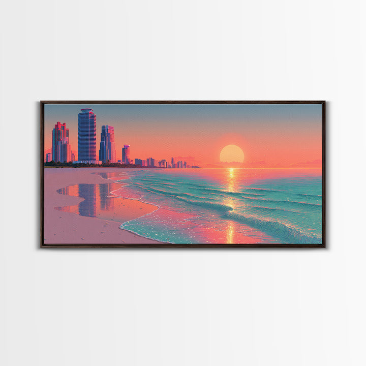 Vibrant Sunset Over Modern Coastal City Beach With Reflective Waves Wall Art Framed Canvas Print For Home Decor