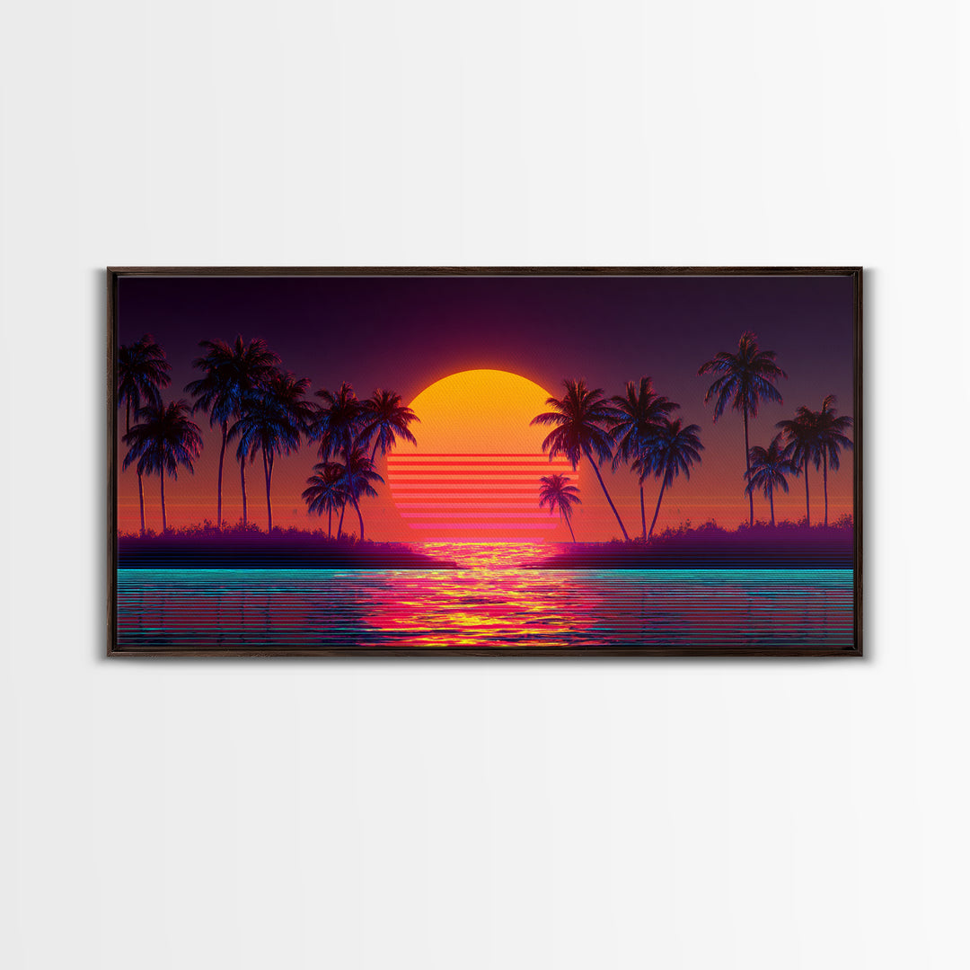 Retro Sunset Beach Palm Trees Digital Art Print Vibrant Coastal Wall Art Canvas Print Modern Boho Decor
