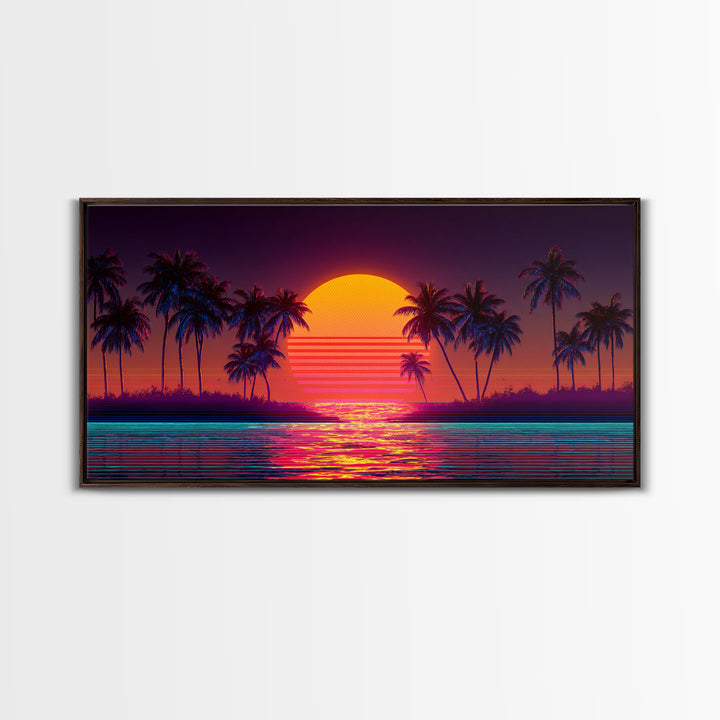 Retro Sunset Beach Palm Trees Digital Art Print Vibrant Coastal Wall Art Canvas Print Modern Boho Decor