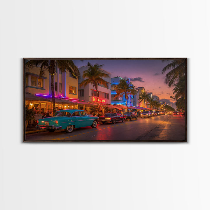 Vintage Urban Miami Beach Scene At Sunset With Classic Cars And Palm Trees Wall Art Canvas Print