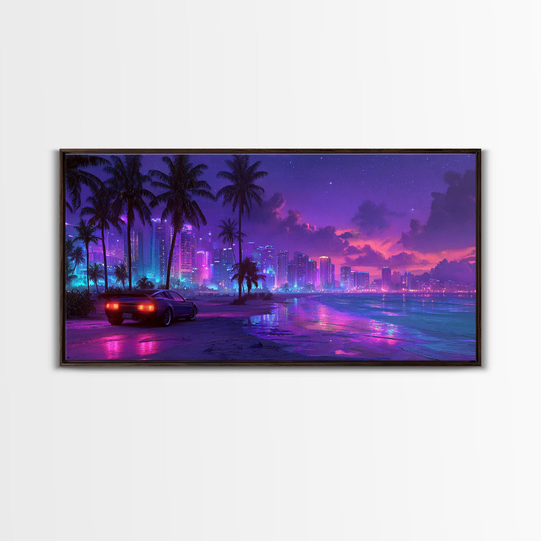 Cyberpunk Cityscape Night Scene With Neon Lights And Sports Car Modern Digital Art Canvas Print For Trendy Wall Art Home Decor