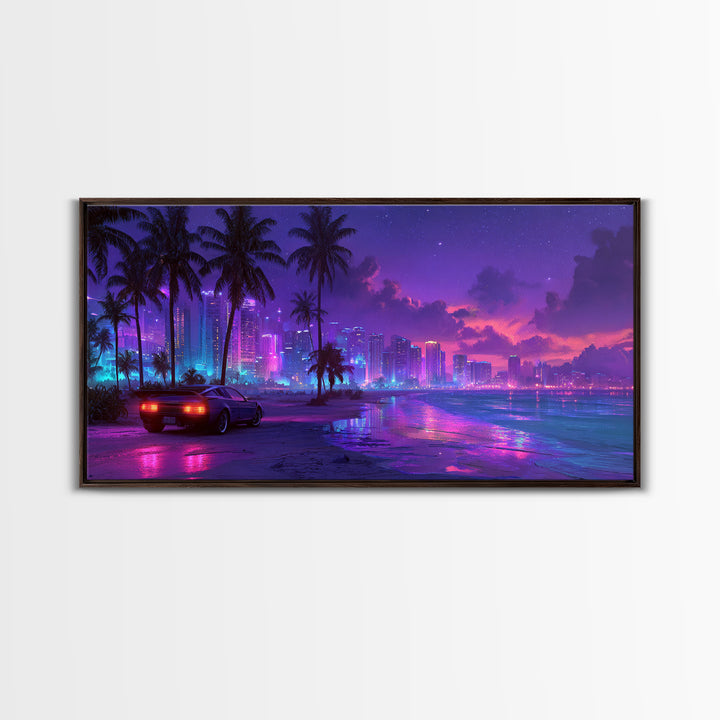 Cyberpunk Cityscape Night Scene With Neon Lights And Sports Car Modern Digital Art Canvas Print For Trendy Wall Art Home Decor