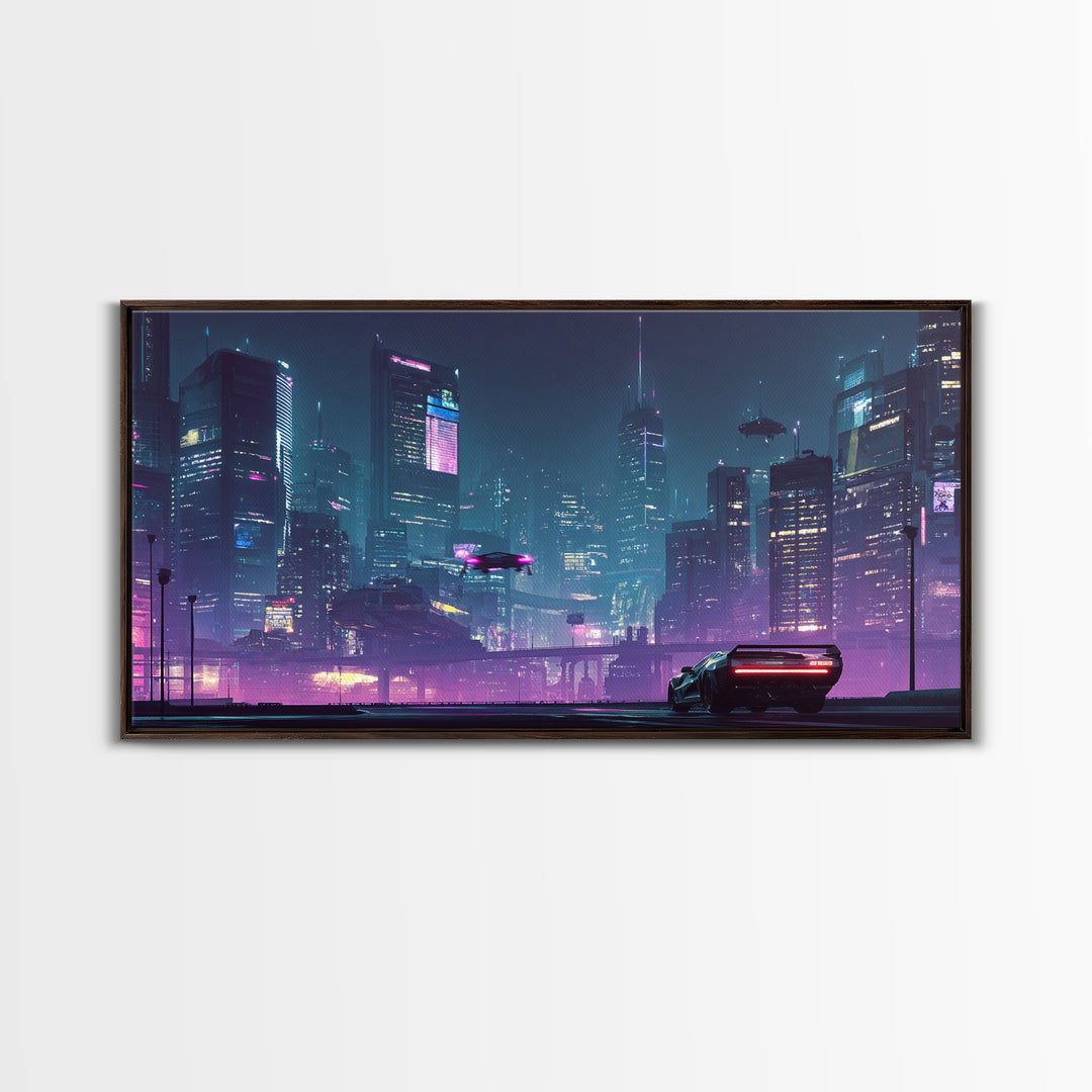 Futuristic Cyberpunk Cityscape At Night With Neon Lights And Hover Cars Wall Art, Vibrant Canvas Print For Modern Living Room Decor