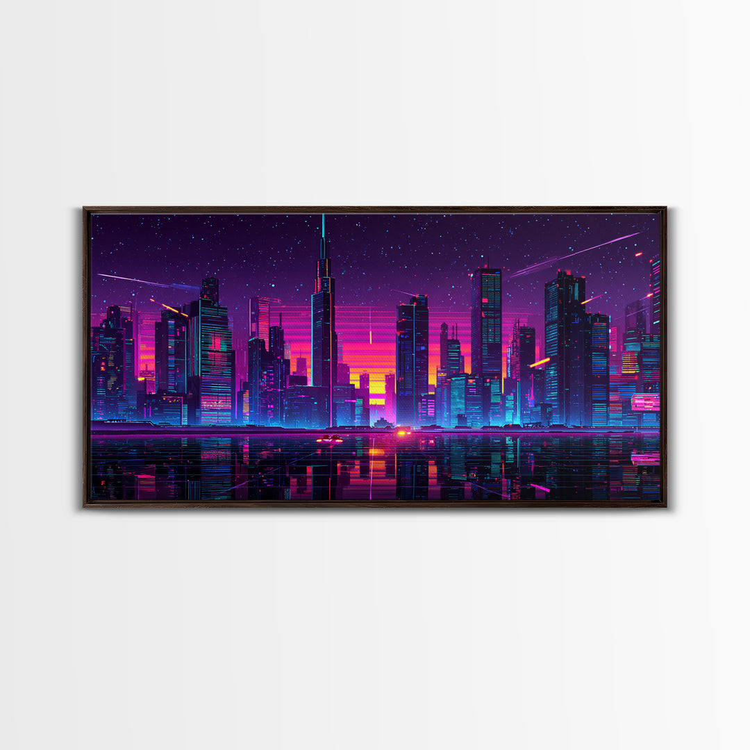 Vibrant Neon Cityscape With Reflective River And Pink Purple Sky Canvas Print Modern Urban Wall Art