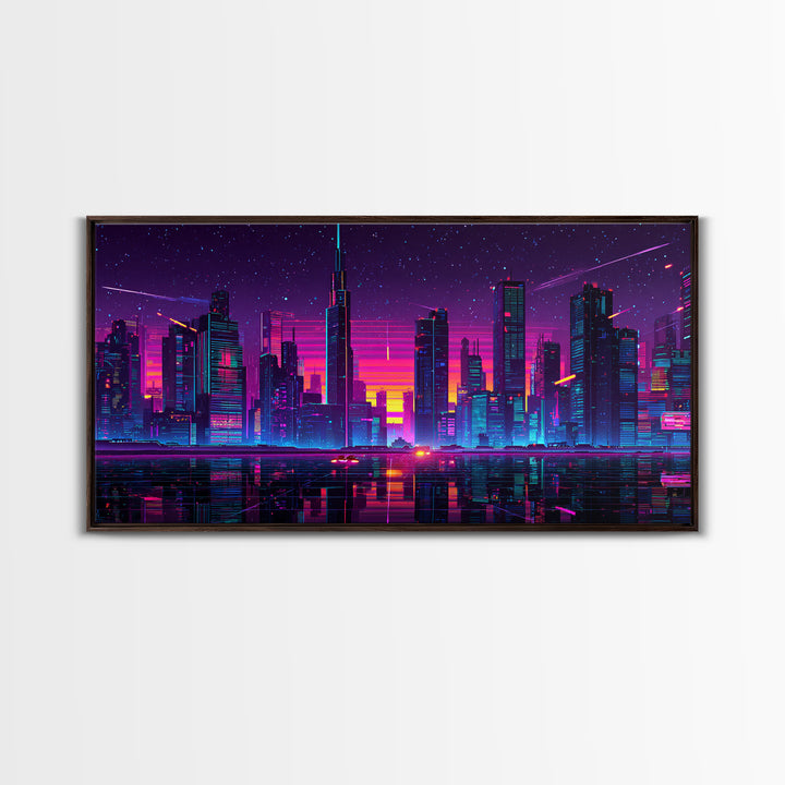 Vibrant Neon Cityscape With Reflective River And Pink Purple Sky Canvas Print Modern Urban Wall Art