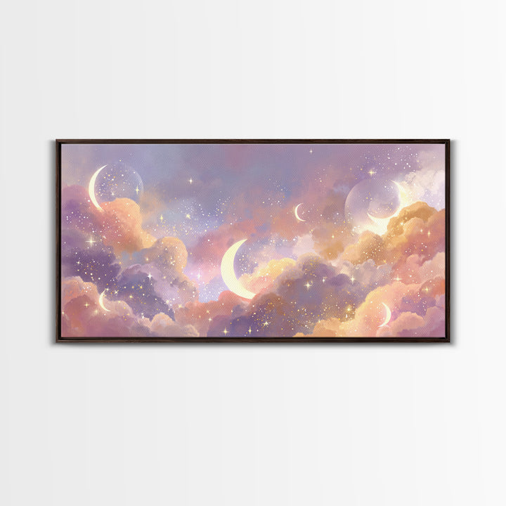 Glowing Crescent Moon Clouds Wall Art, Celestial Decor, Galaxy Art, Space Wall Art, Dreamy Bedroom Decor, Framed Canvas Print