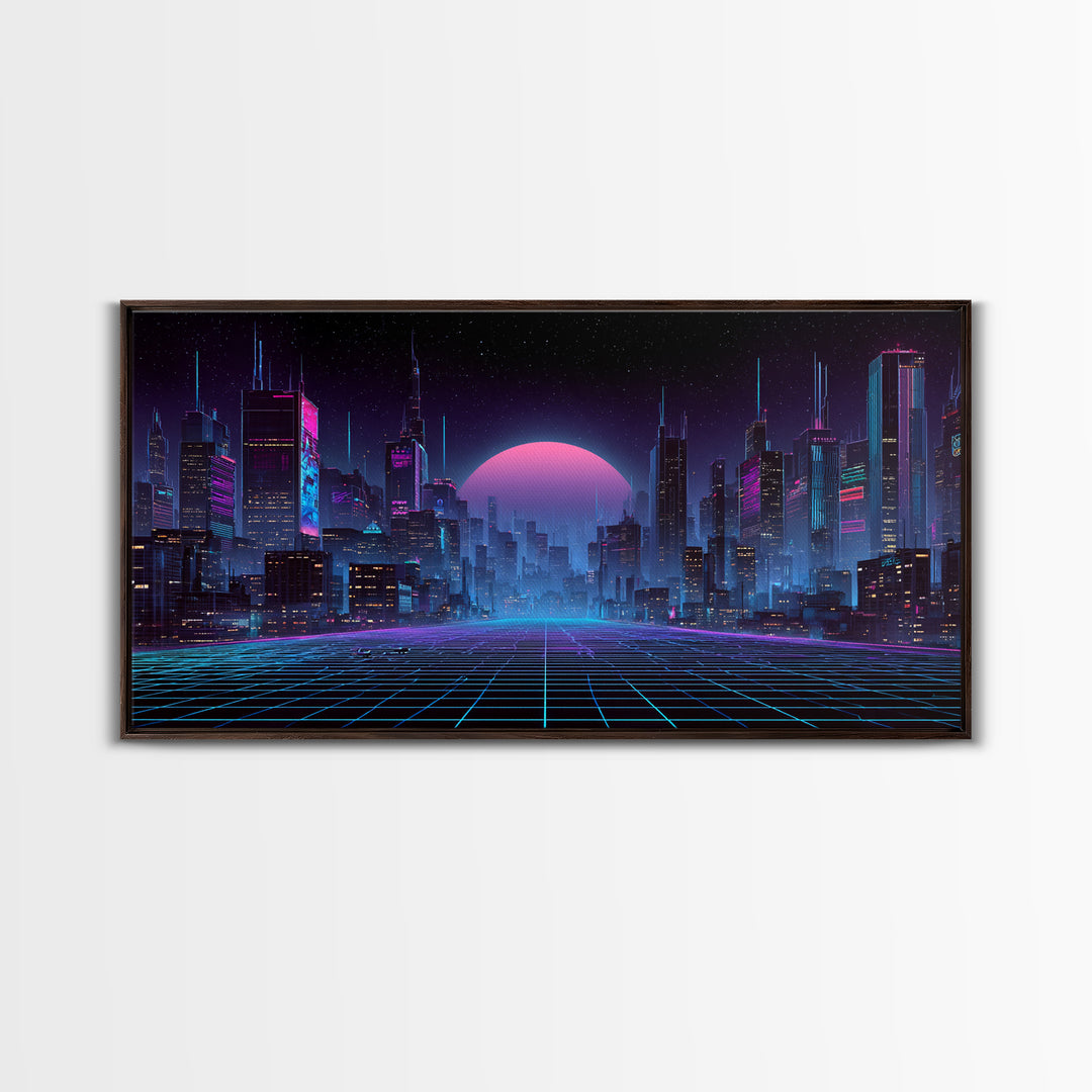 Cyberpunk Futuristic Cityscape Landscape With Neon Lights And Moon Framed Canvas Print For Modern Wall Art And Office Decor