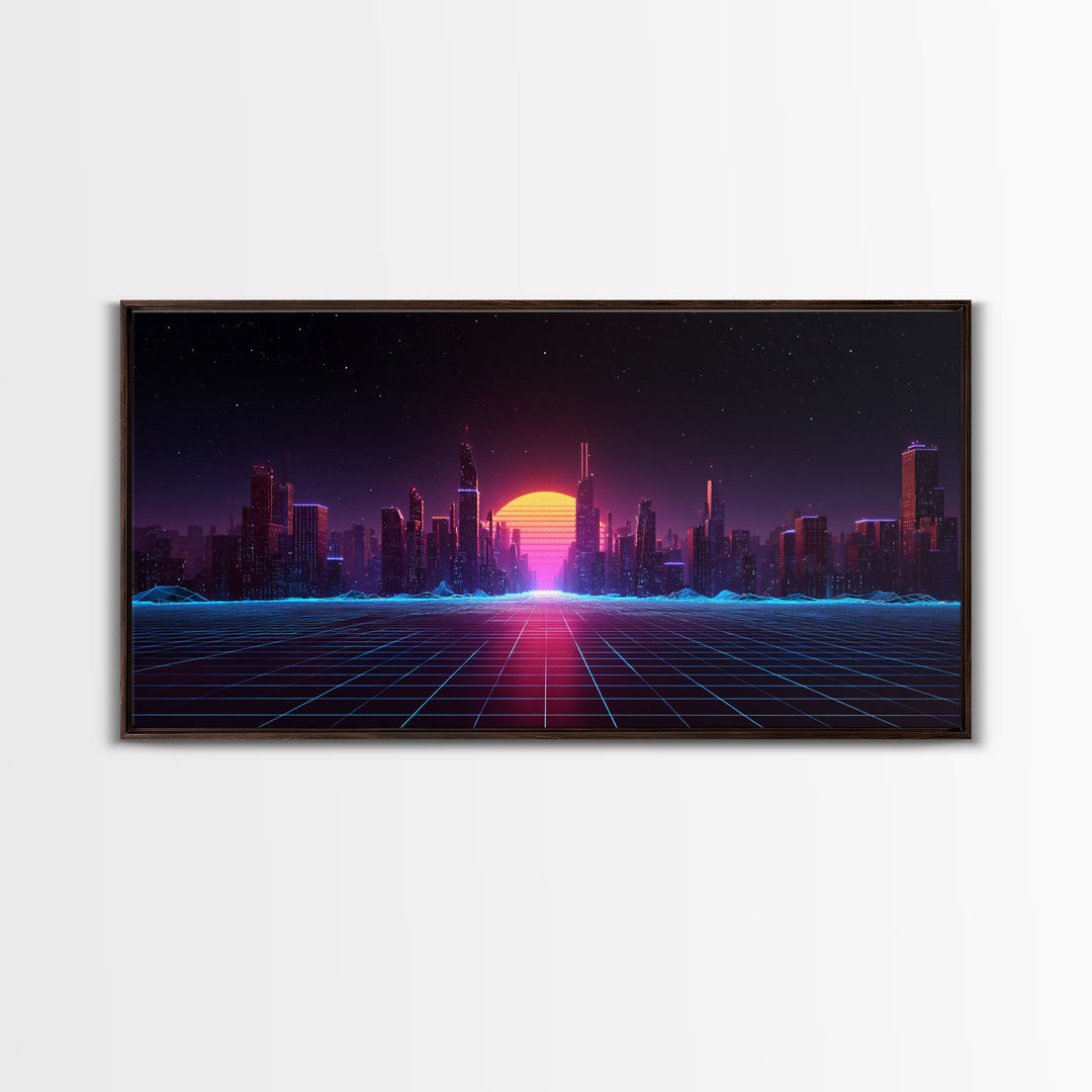 Futuristic Cyberpunk Neon City Digital Artwork With Vibrant Sunset And Grid-Like Road Abstract Sci-Fi Framed Canvas Print For Modern Wall Decor