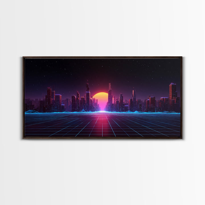 Futuristic Cyberpunk Neon City Digital Artwork With Vibrant Sunset And Grid-Like Road Abstract Sci-Fi Framed Canvas Print For Modern Wall Decor