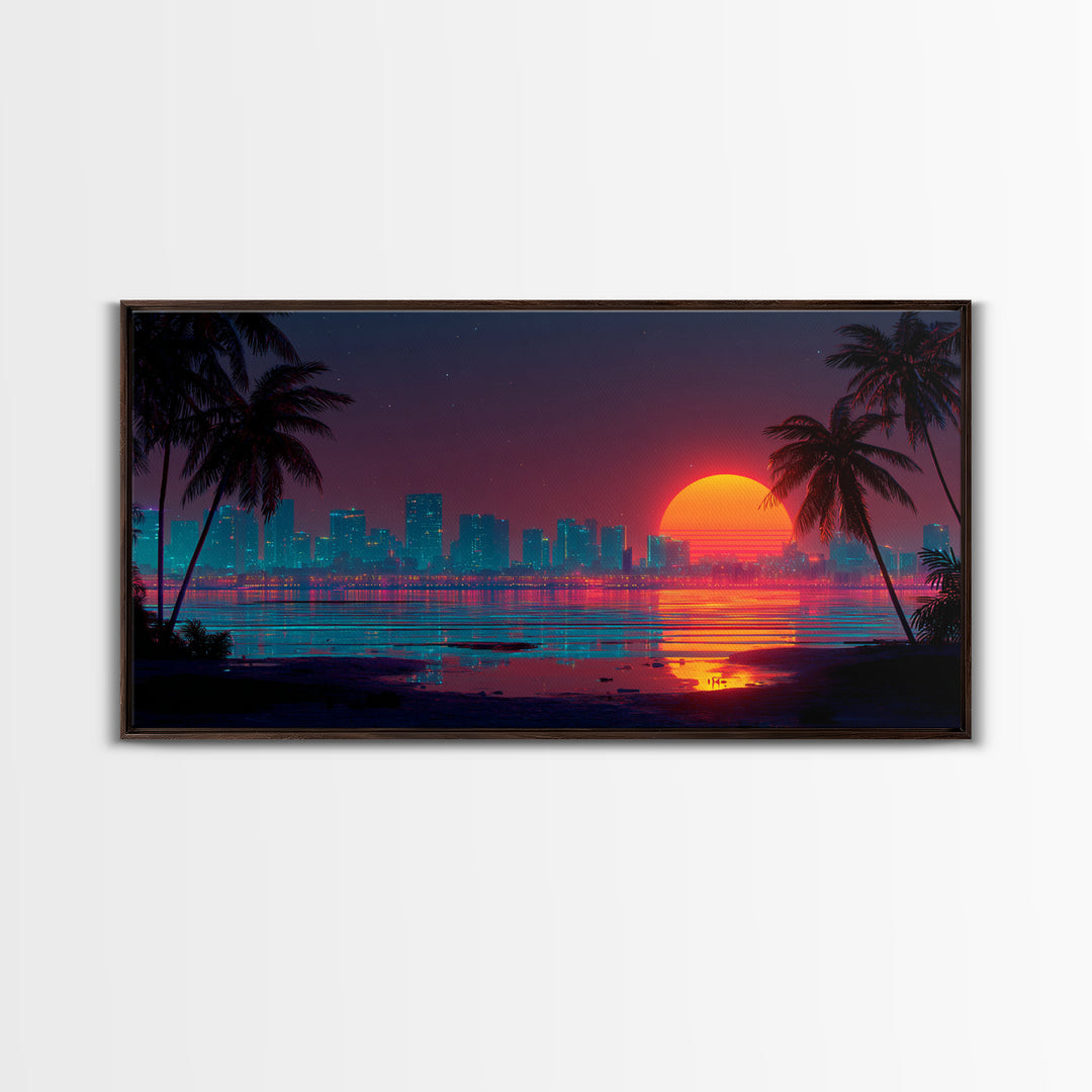 Futuristic Neon Cityscape With Illuminated Pyramid And Mountain Backdrop Modern Wall Art Framed Canvas Print