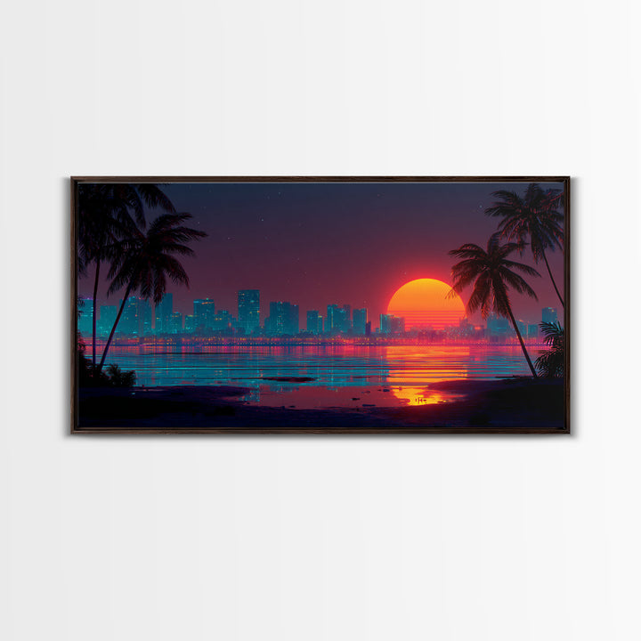 Futuristic Neon Cityscape With Illuminated Pyramid And Mountain Backdrop Modern Wall Art Framed Canvas Print