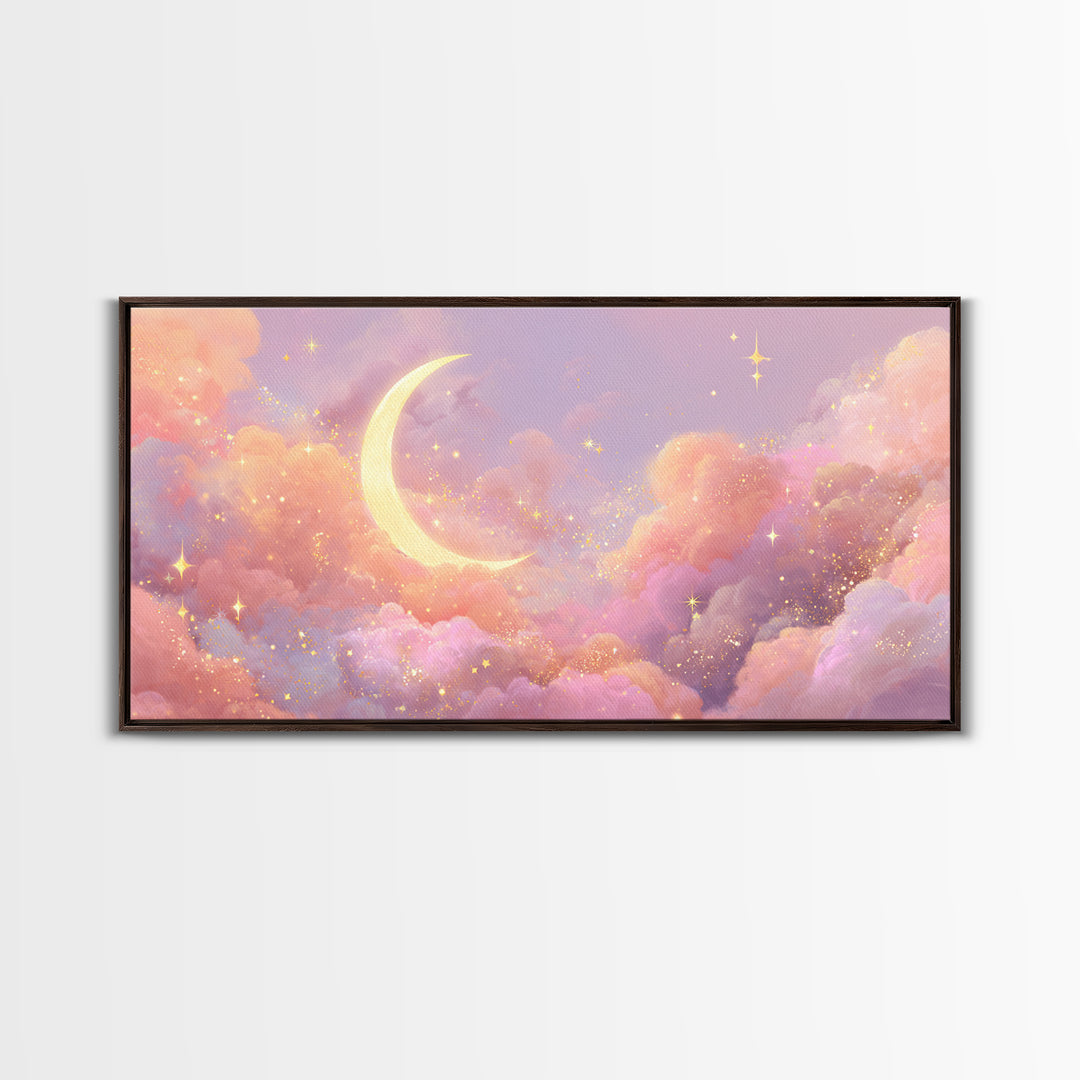 Golden Crescent Moon Clouds Wall Art, Pastel Celestial Decor, Pink Wall Art, Dreamy Nursery Art, Whimsical Decor, Canvas Print