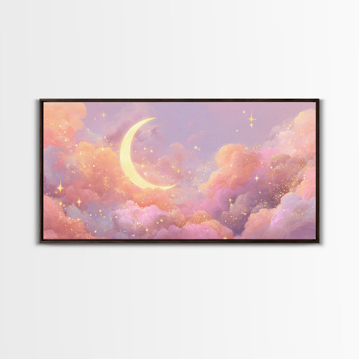 Golden Crescent Moon Clouds Wall Art, Pastel Celestial Decor, Pink Wall Art, Dreamy Nursery Art, Whimsical Decor, Canvas Print