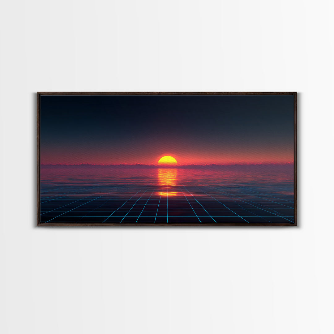Retro Futuristic Sunset Over Ocean With Neon Grid Horizon Wall Art Modern Digital Canvas Print For Home
