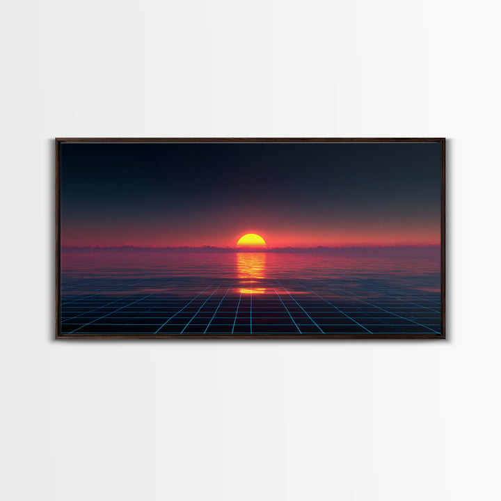 Retro Futuristic Sunset Over Ocean With Neon Grid Horizon Wall Art Modern Digital Canvas Print For Home