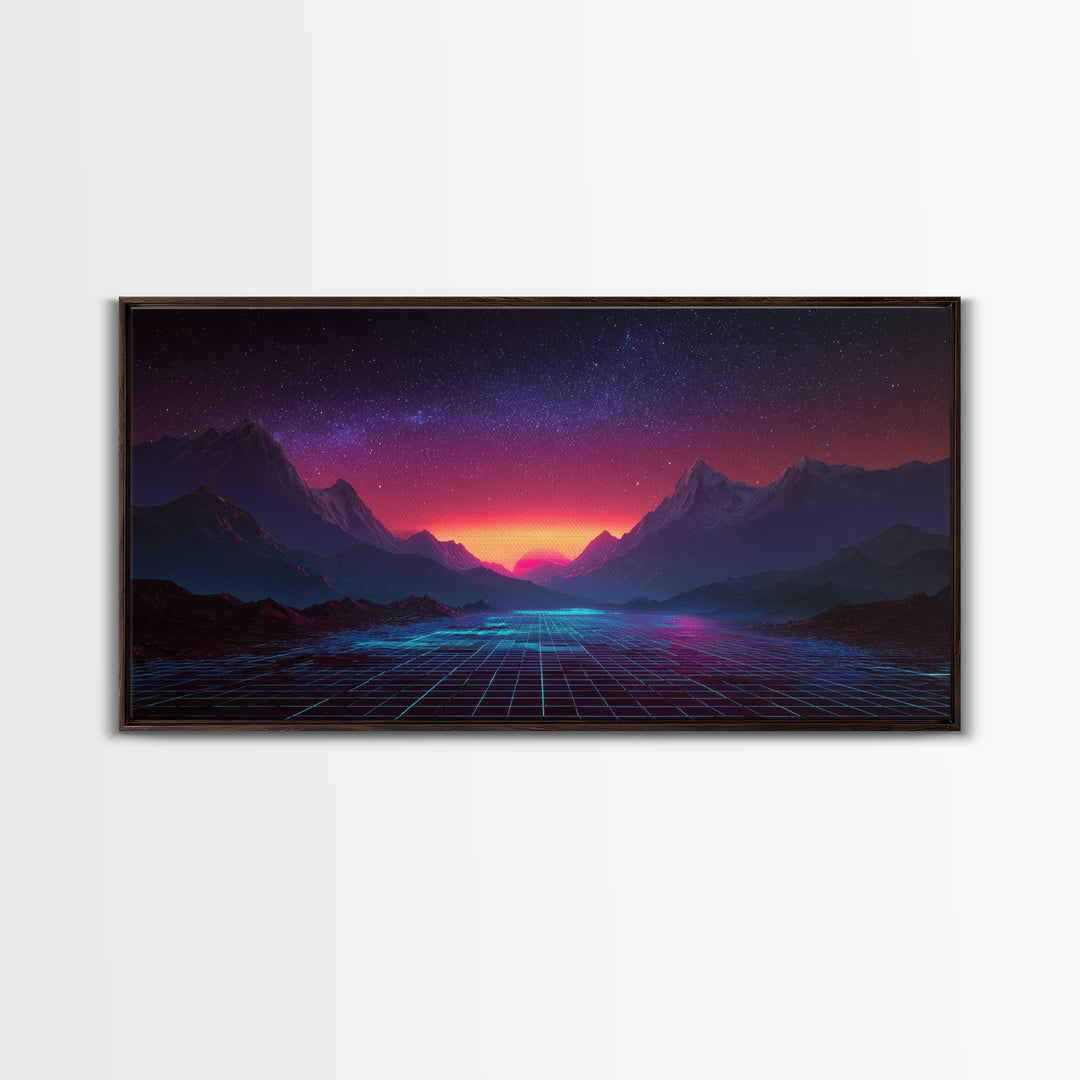 Futuristic Cyberpunk Landscape With Neon Mountains And Grid Canvas Print Modern Wall Art Home Decor Abstract Wall Decor