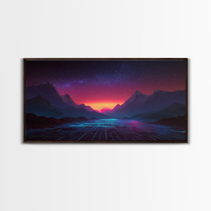 Futuristic Cyberpunk Landscape With Neon Mountains And Grid Canvas Print Modern Wall Art Home Decor Abstract Wall Decor