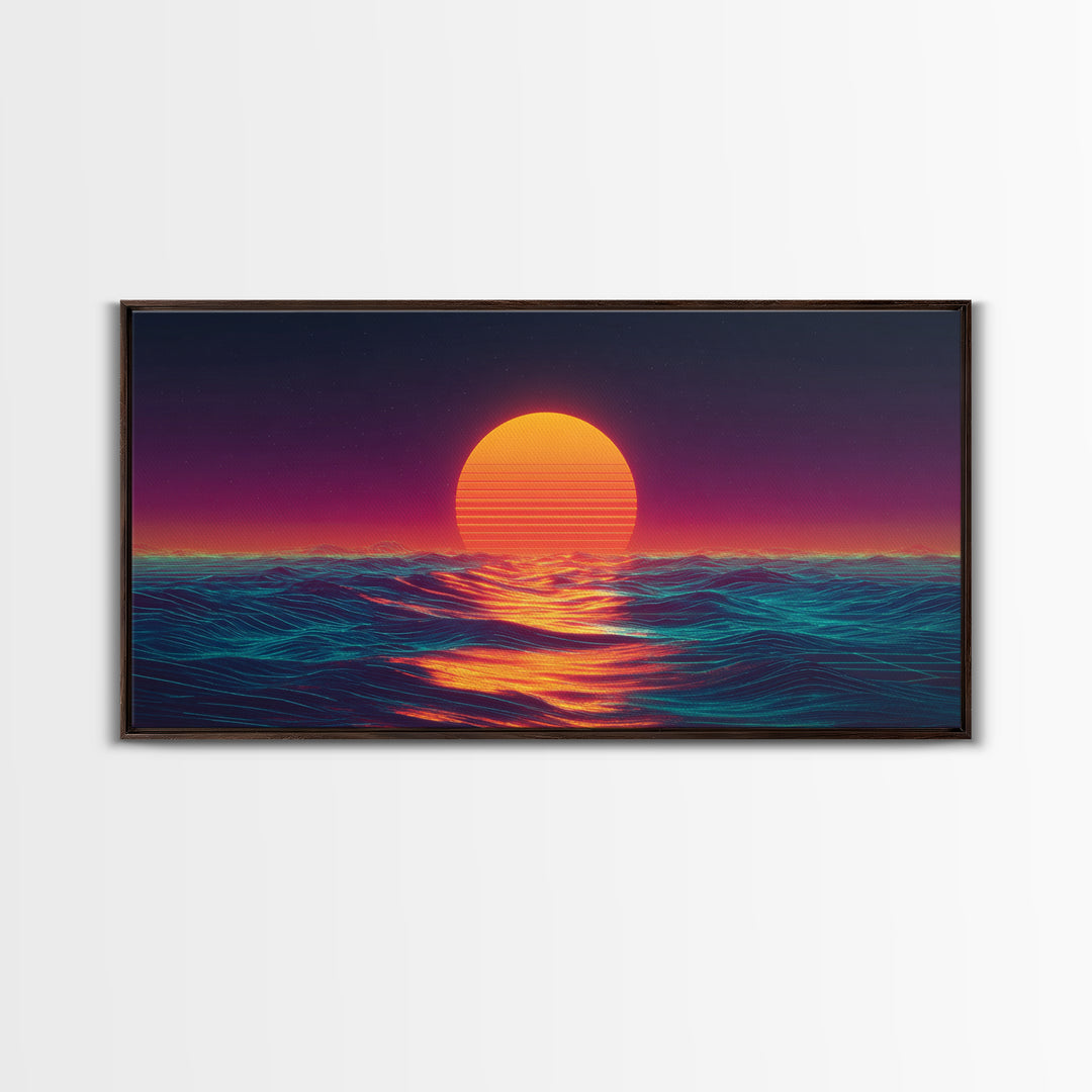 Retro Futuristic Neon Sunset Over Ocean Vibrant Wave Wall Art Canvas Print For Modern Living Room Decor