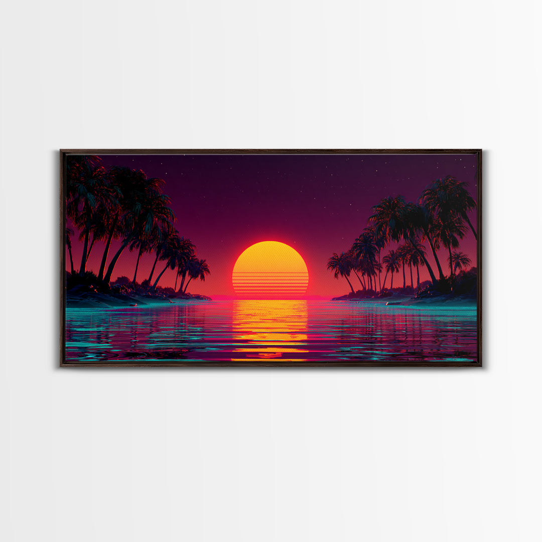 Vibrant Sunset Over Tropical Beach With Palm Trees Canvas Print Colorful Wall Art Modern Coastal Decor