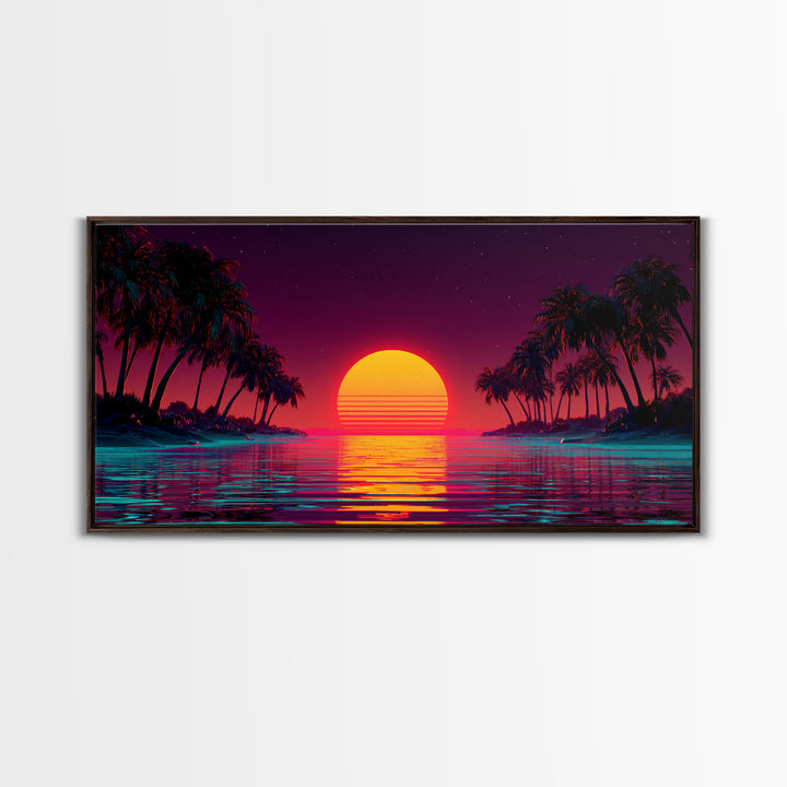 Vibrant Sunset Over Tropical Beach With Palm Trees Canvas Print Colorful Wall Art Modern Coastal Decor