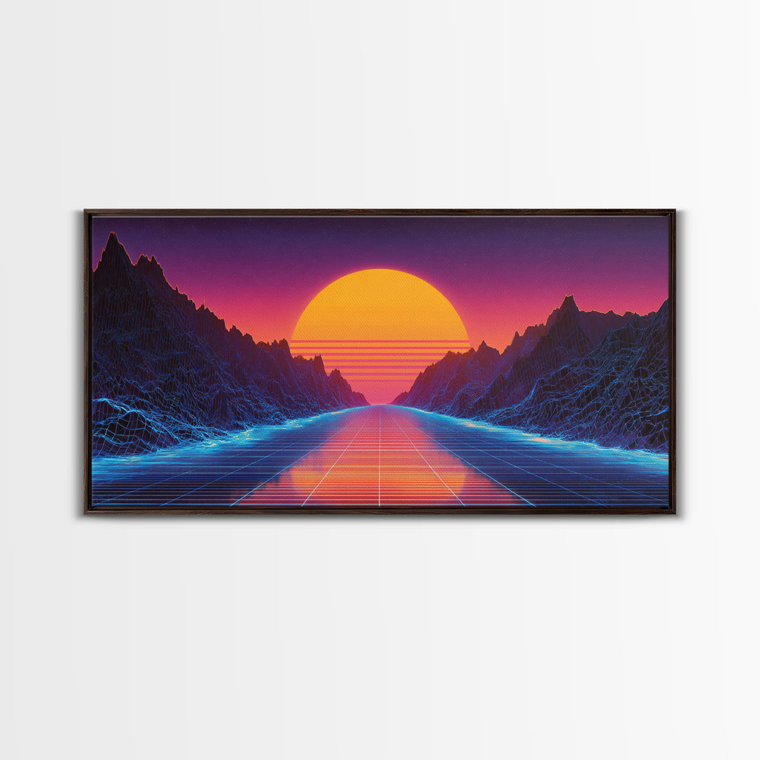 Retro Futuristic Neon Sunset Landscape With Grid Road Abstract Digital Canvas Print Modern Wall Art For Bedroom And Office Decor