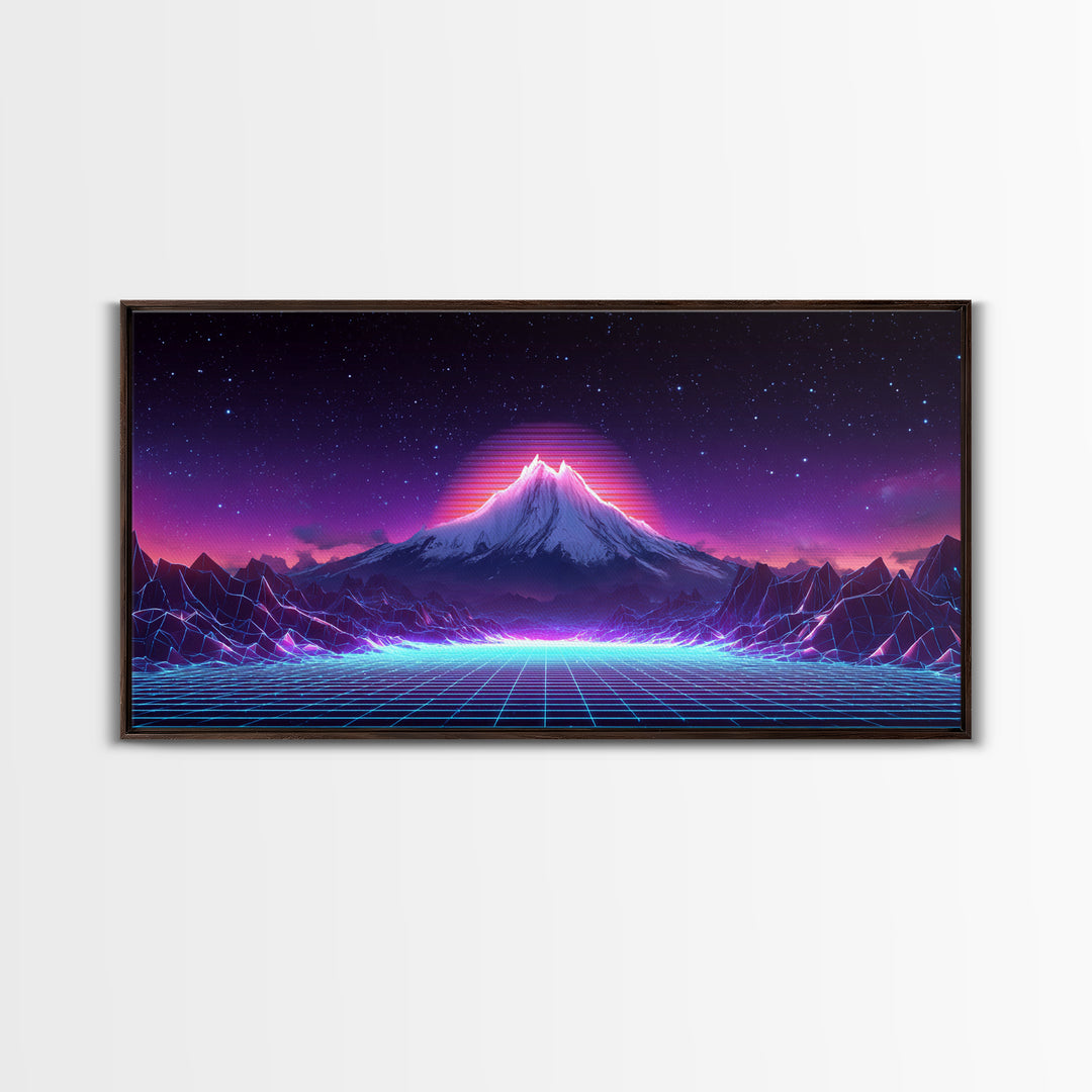 Retro Futuristic Digital Landscape Of Neon Grid And Majestic Mountain Scene Wall Art Modern Canvas Print For Unique Decor