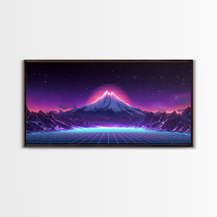 Retro Futuristic Digital Landscape Of Neon Grid And Majestic Mountain Scene Wall Art Modern Canvas Print For Unique Decor