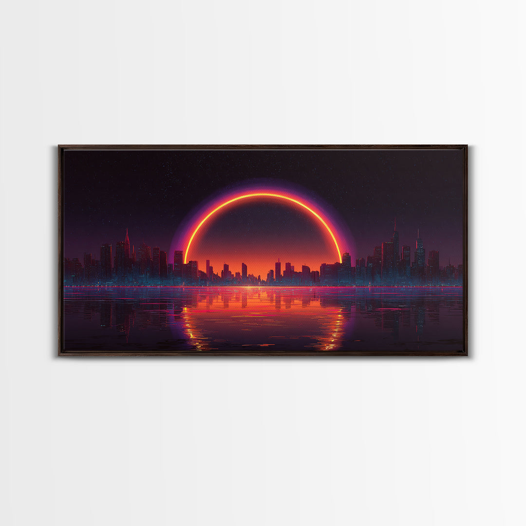 Vibrant Futuristic Cyberpunk Cityscape With Neon Sunset Reflection Wall Art Canvas Print Bright Modern Home Office Decor