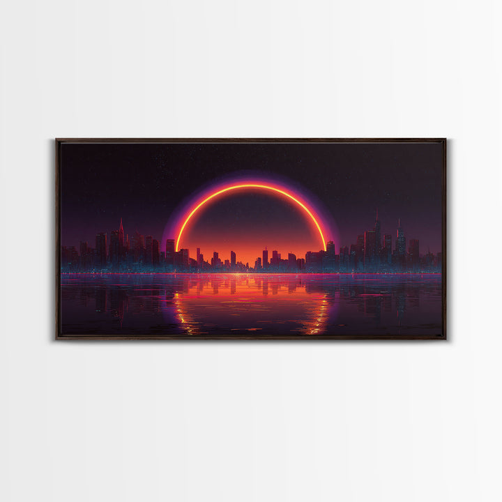 Vibrant Futuristic Cyberpunk Cityscape With Neon Sunset Reflection Wall Art Canvas Print Bright Modern Home Office Decor