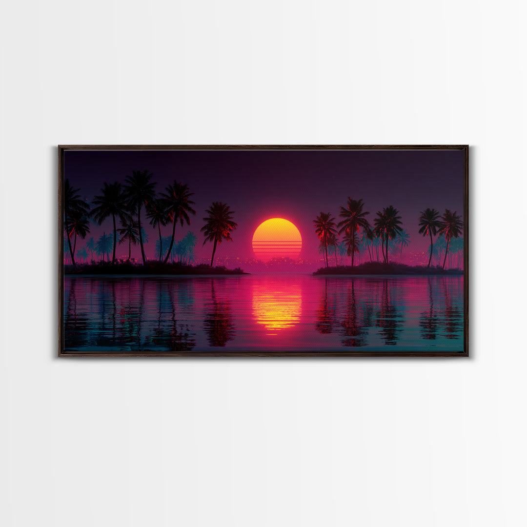 Vibrant Retro Sunset With Palm Trees Coastal Wall Art Framed Canvas Print For Tropical Home Decor