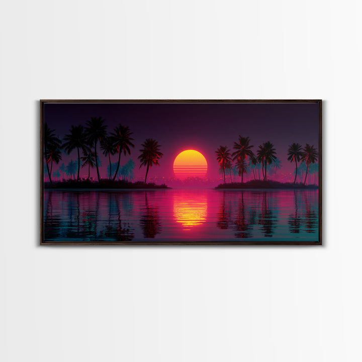 Vibrant Retro Sunset With Palm Trees Coastal Wall Art Framed Canvas Print For Tropical Home Decor