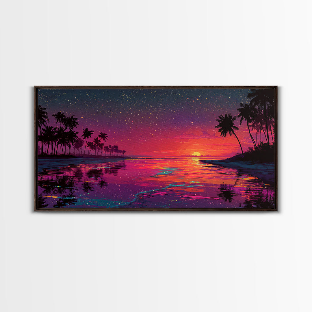 Vibrant Sunset Over Tropical Beach With Palm Trees And Colorful Reflection Canvas Print Modern Wall Art