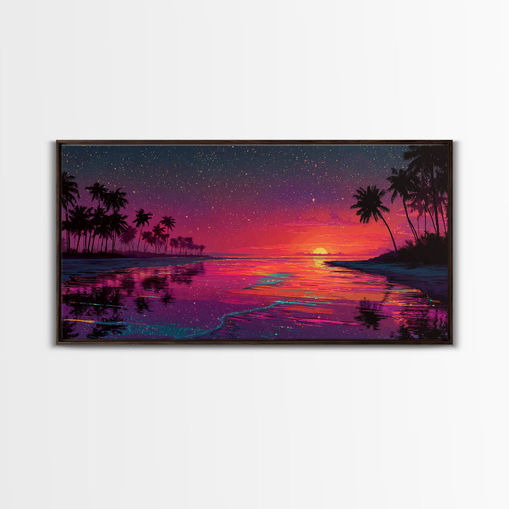 Vibrant Sunset Over Tropical Beach With Palm Trees And Colorful Reflection Canvas Print Modern Wall Art