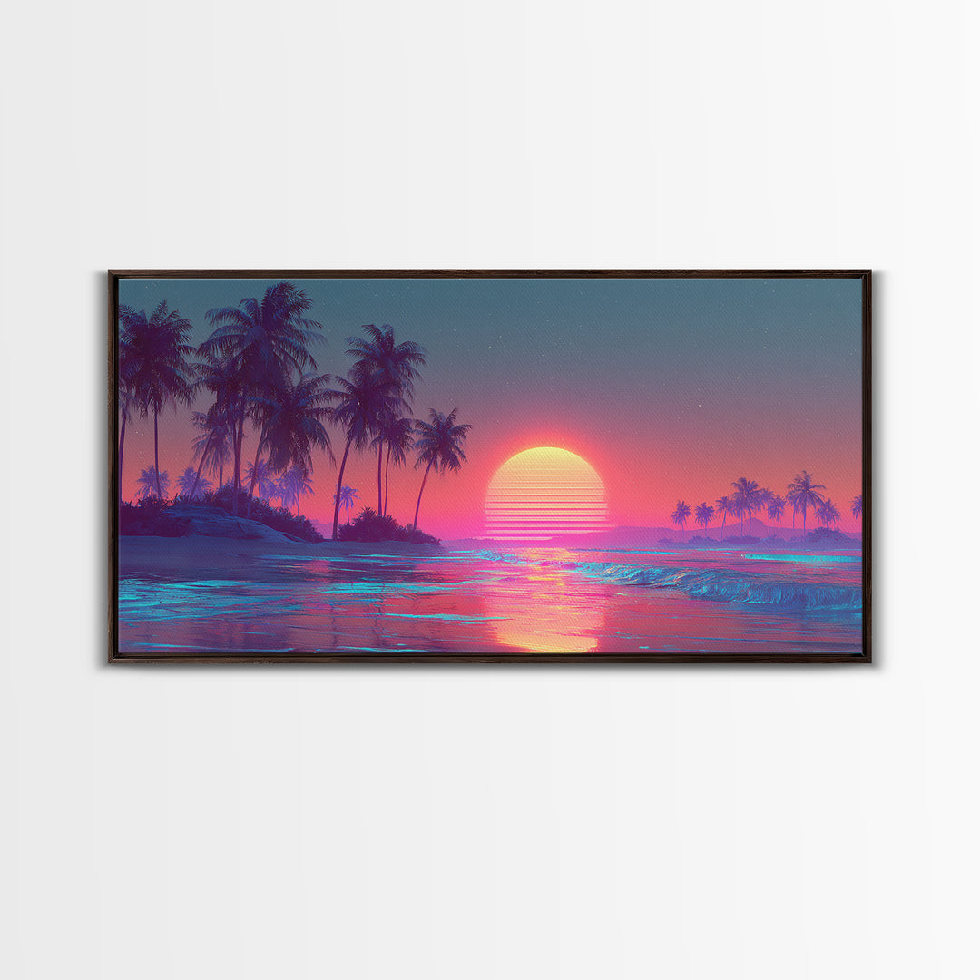Pink And Blue Vibrant Tropical Beach Sunset With Palm Trees Coastal Wall Art Canvas Print Modern Boho Home Decor For Living Room Or Bedroom