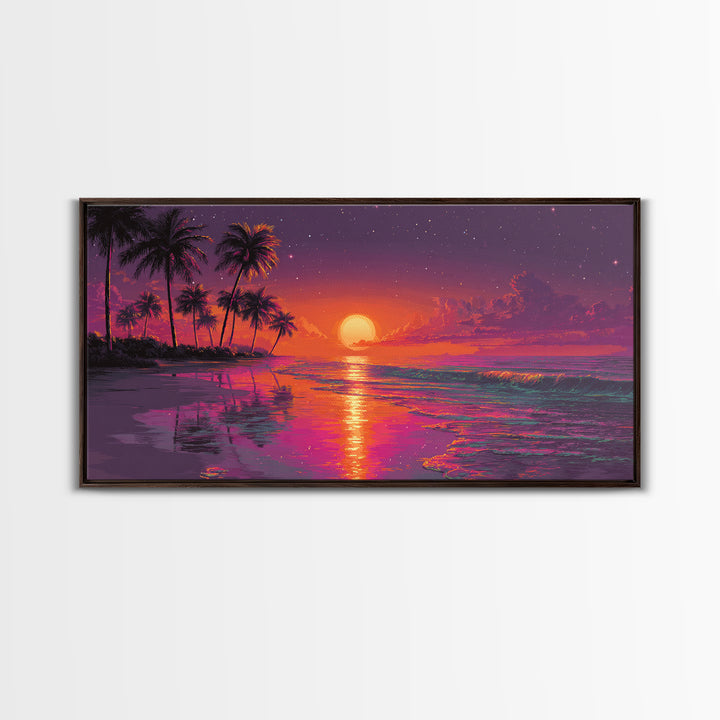 Vibrant Abstract Landscape With Neon Sunset And Mountains Canvas Print Modern Wall Art Contemporary Decor Living Room Art