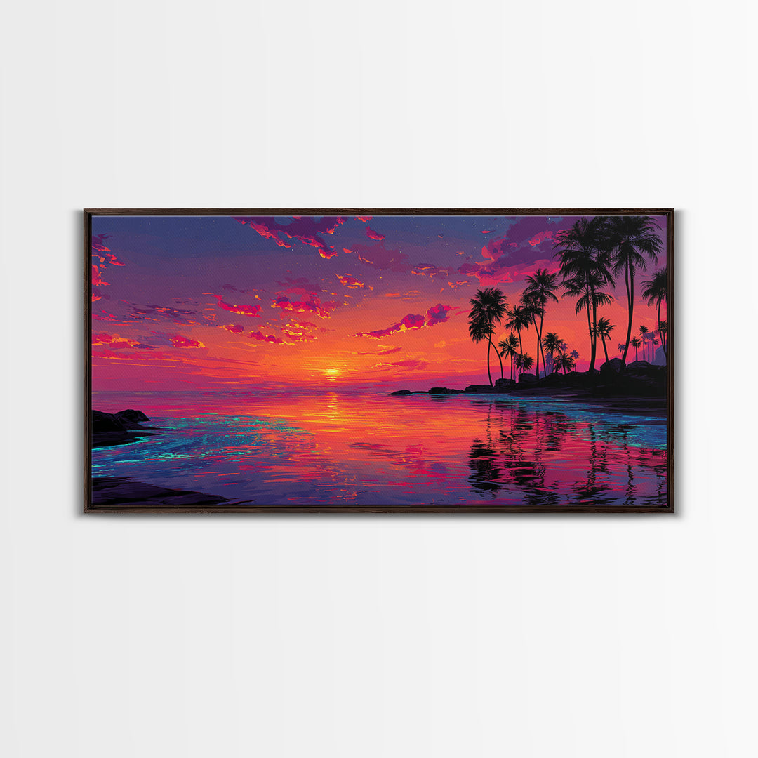 Beautiful Tropical Sunset Over Calm Ocean With Palm Trees Coastal Wall Art Framed Canvas Print For Bedroom Or Vacation Home Decor