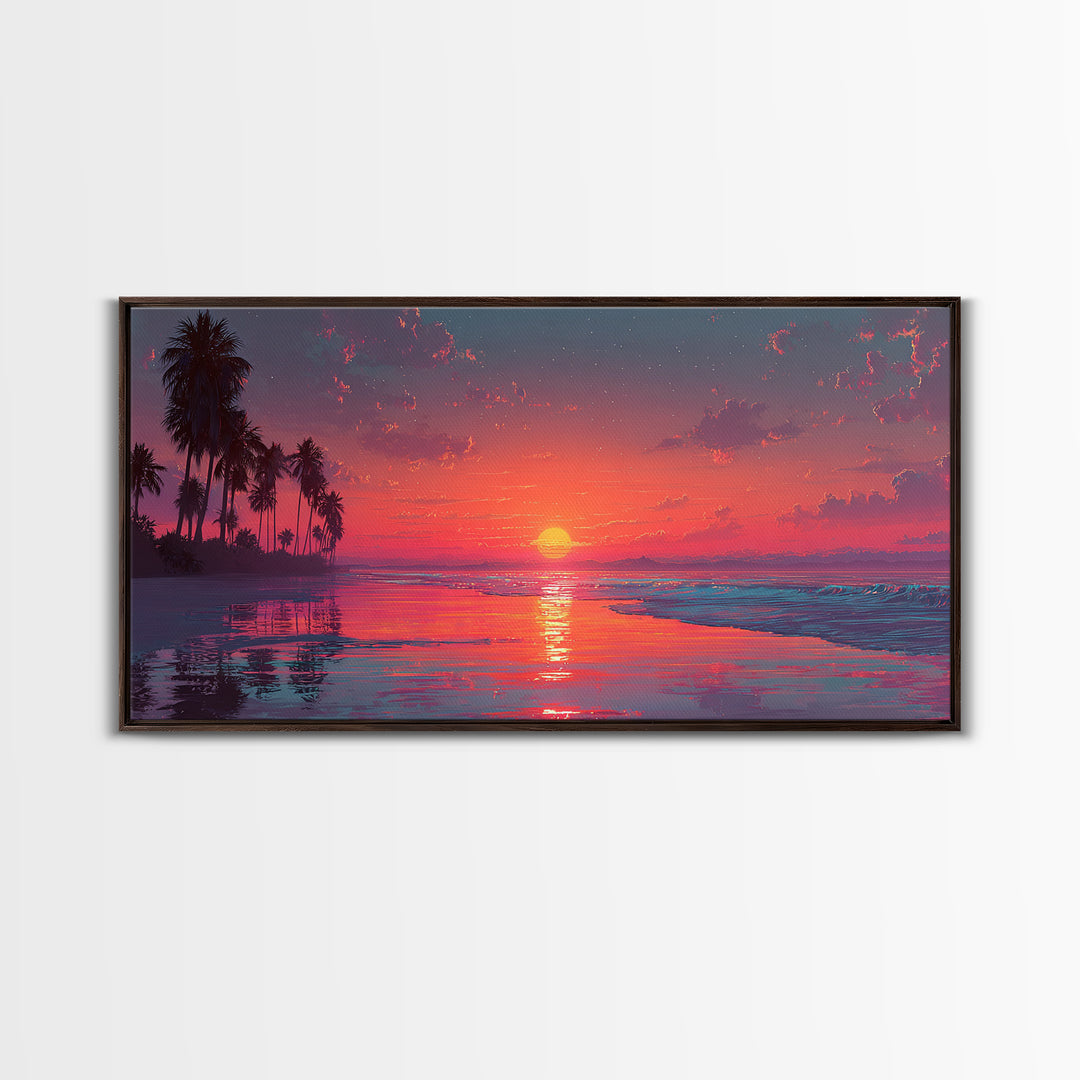 Tropical Sunset Over Calm Ocean With Palm Trees Beautiful Nature Scene Wall Art Framed Canvas Print For Home Decor