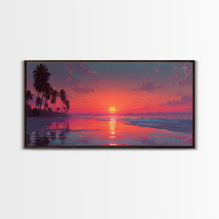 Tropical Sunset Over Calm Ocean With Palm Trees Beautiful Nature Scene Wall Art Framed Canvas Print For Home Decor
