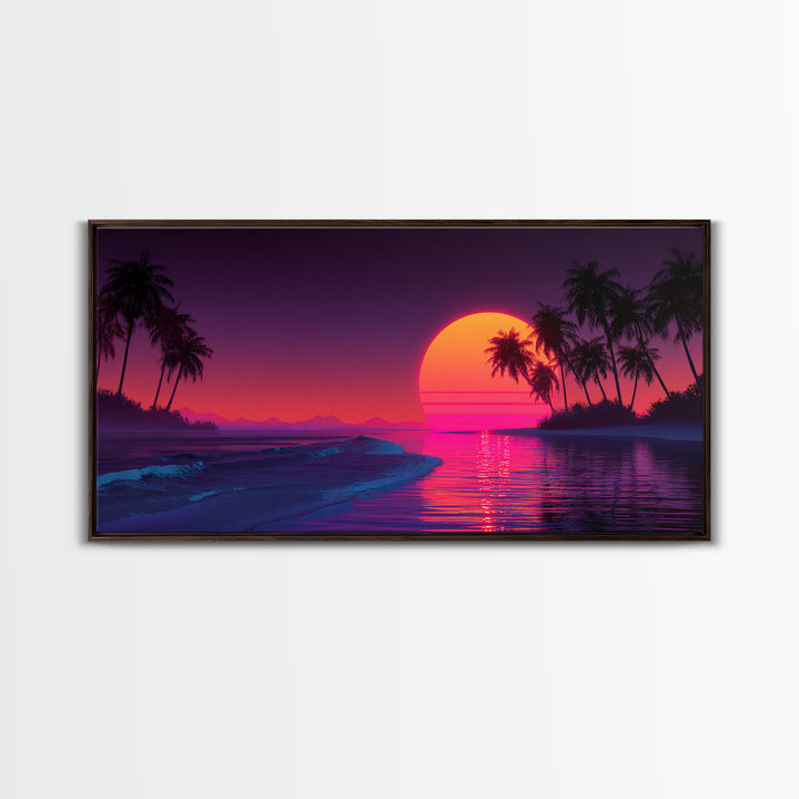 Retro Neon Sunset Over Ocean With Palm Trees And Vibrant Pink Horizon Tropical Wall Art Framed Canvas Print For Coastal Decor