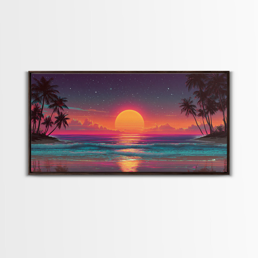 80s Style Digital Sunset Beach Scene With Palm Trees Retro Aesthetic Coastal Wall Art