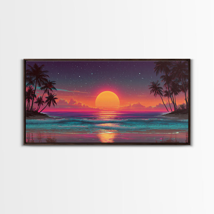 80s Style Digital Sunset Beach Scene With Palm Trees Retro Aesthetic Coastal Wall Art