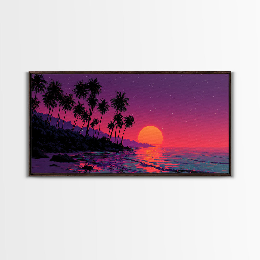 Vivid Tropical Sunset Over Ocean With Palm Trees Silhouette Canvas Print Large Wall Art For Living Room Decor And Coastal Home