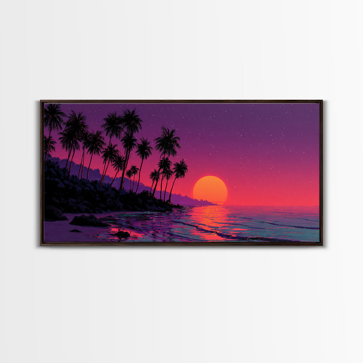 Vivid Tropical Sunset Over Ocean With Palm Trees Silhouette Canvas Print Large Wall Art For Living Room Decor And Coastal Home