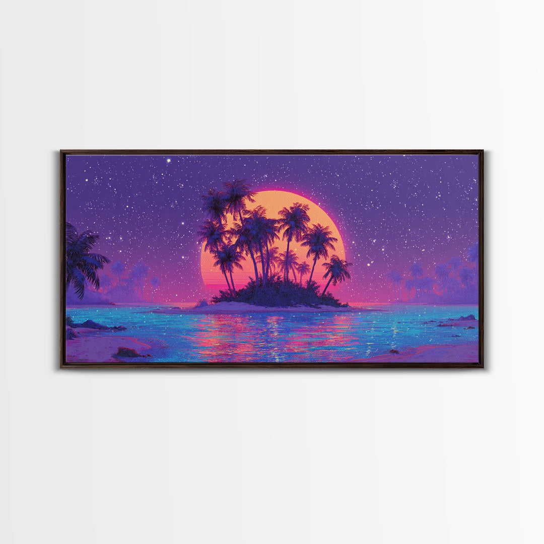 Vibrant Neon Sunset Over Tropical Island With Palm Trees Canvas Print For Modern Wall Art Home Decor