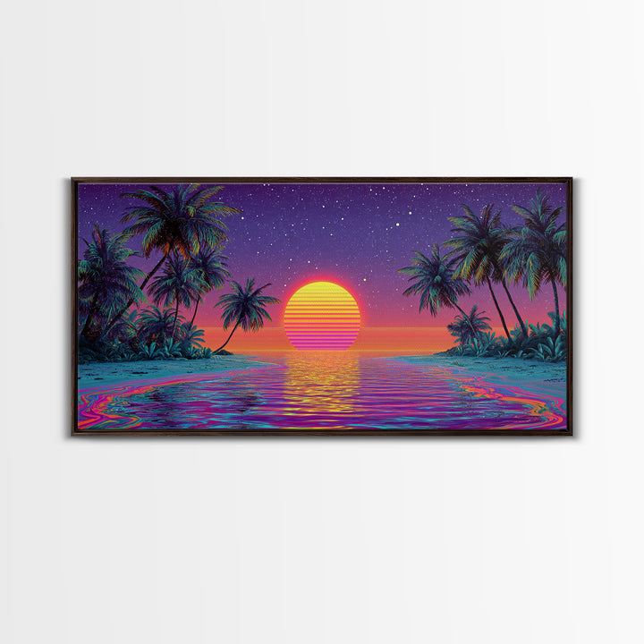Vibrant Neon Tropical Sunset With Palm Trees And Starry Sky Beach Wall Art Modern Wall Decor Canvas Print