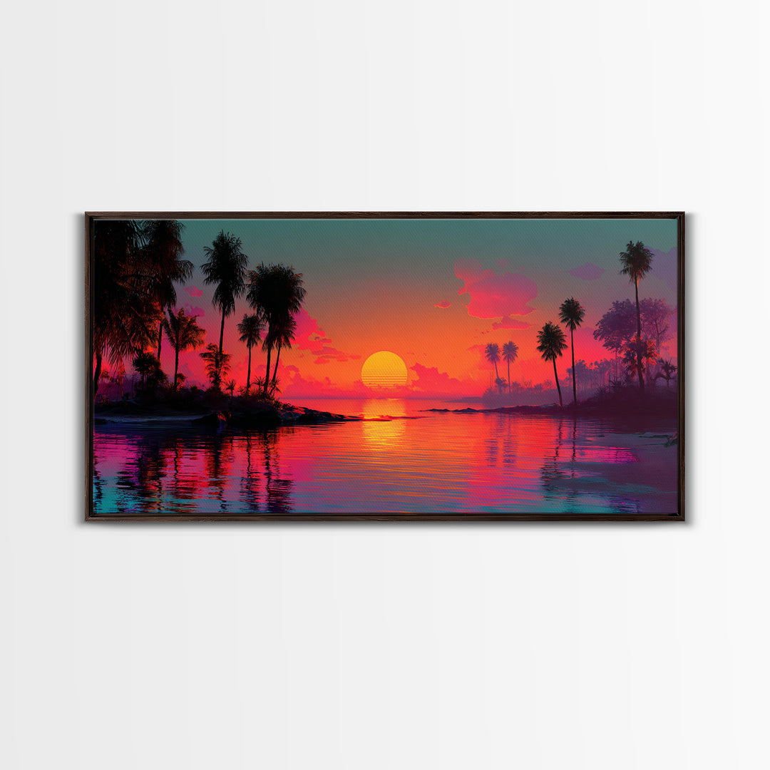 Vivid Pink Orange Tropical Sunset Over Calm Ocean With Palm Trees Coastal Wall Art Framed Canvas Print Bohemian Beach Home Decor Wall Decor
